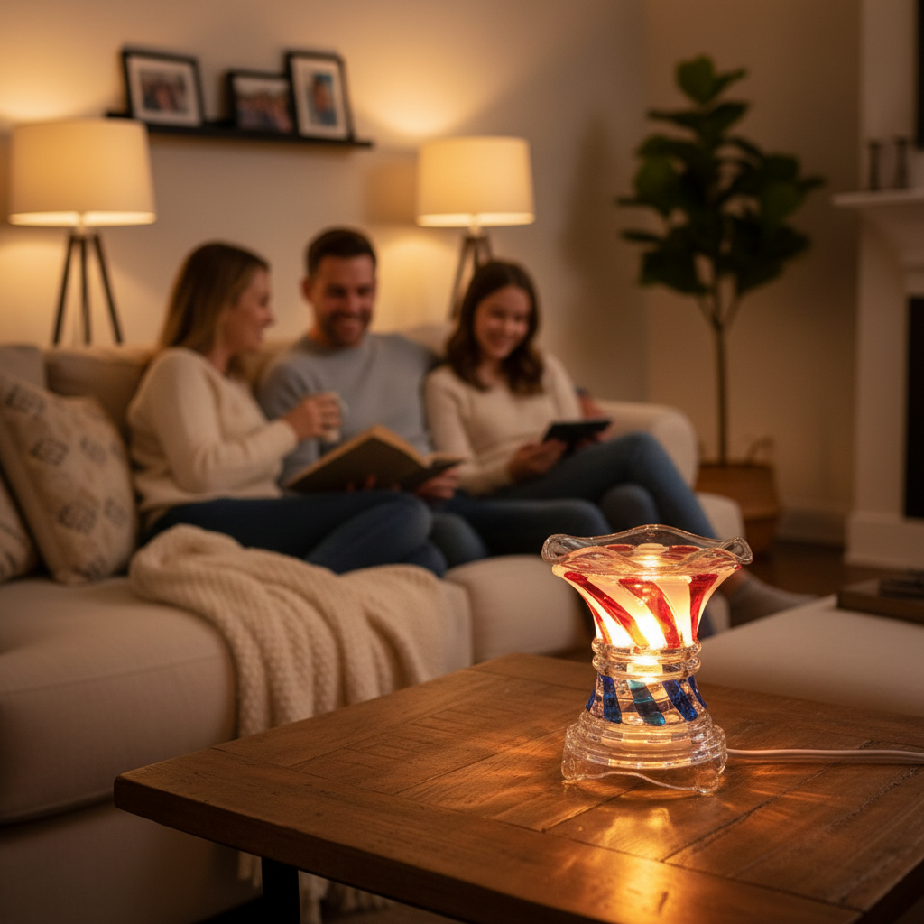Crystal glass fragrance oil warmer glowing in cozy family living room