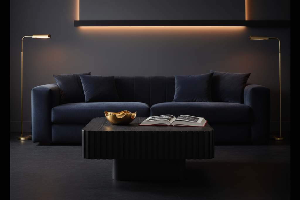 Black square coffee table styled in a dark moody luxury living room