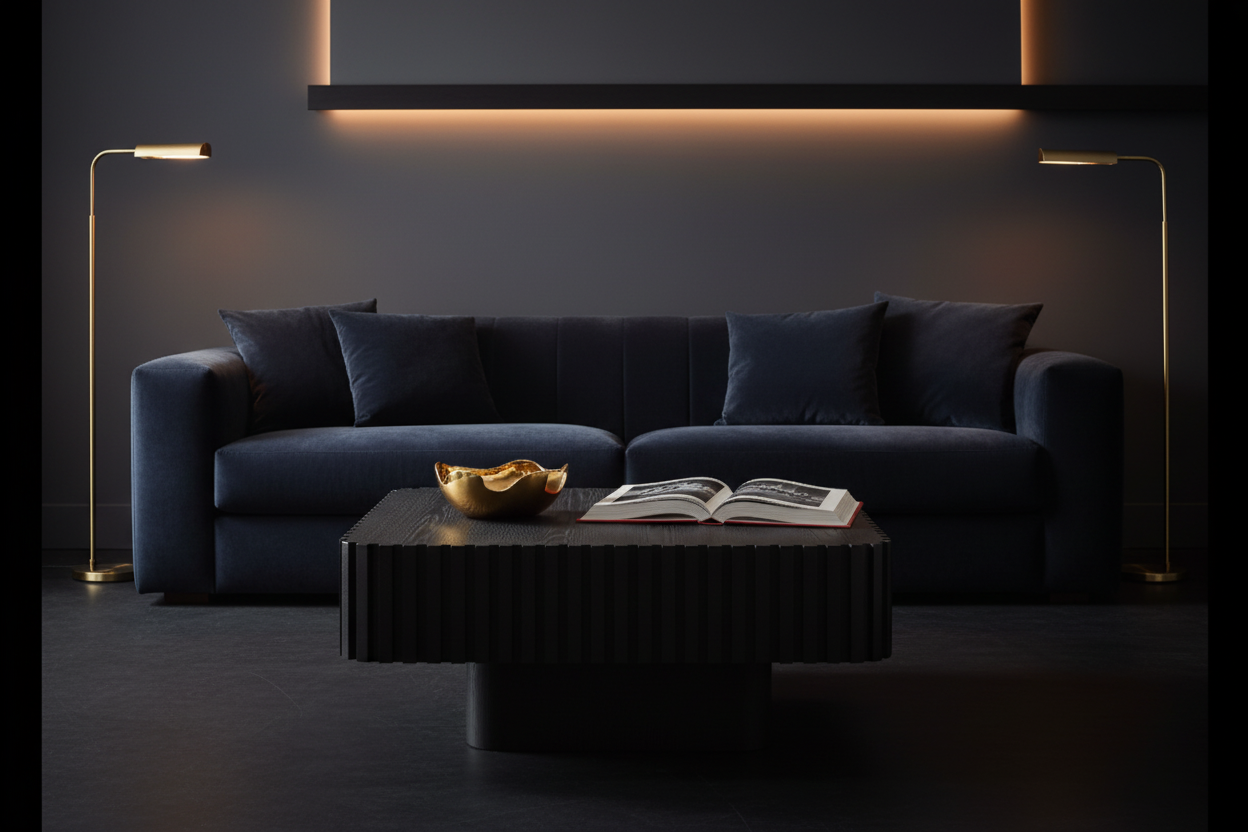 Black square coffee table styled in a dark moody luxury living room