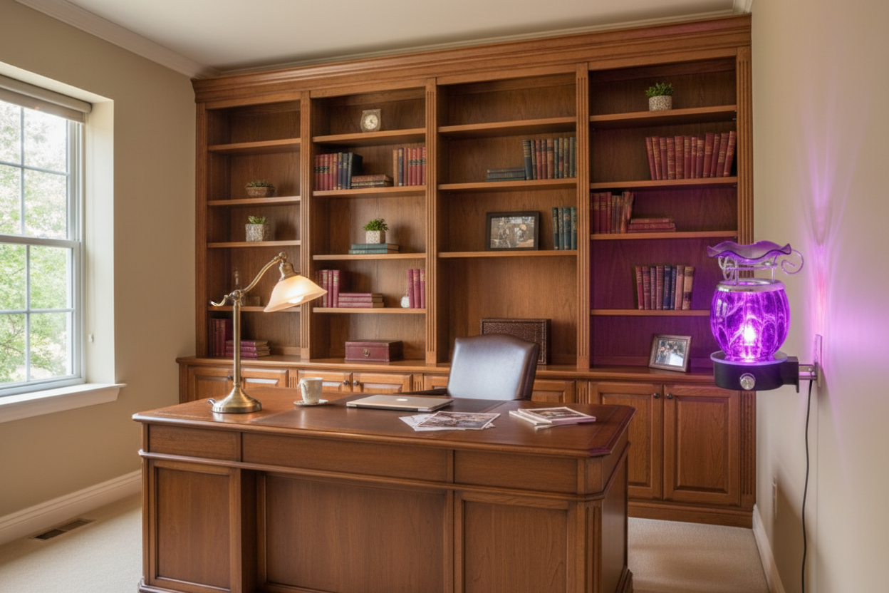 Purple tie dye ball wall burner plugged into home office wall outlet glowing purple