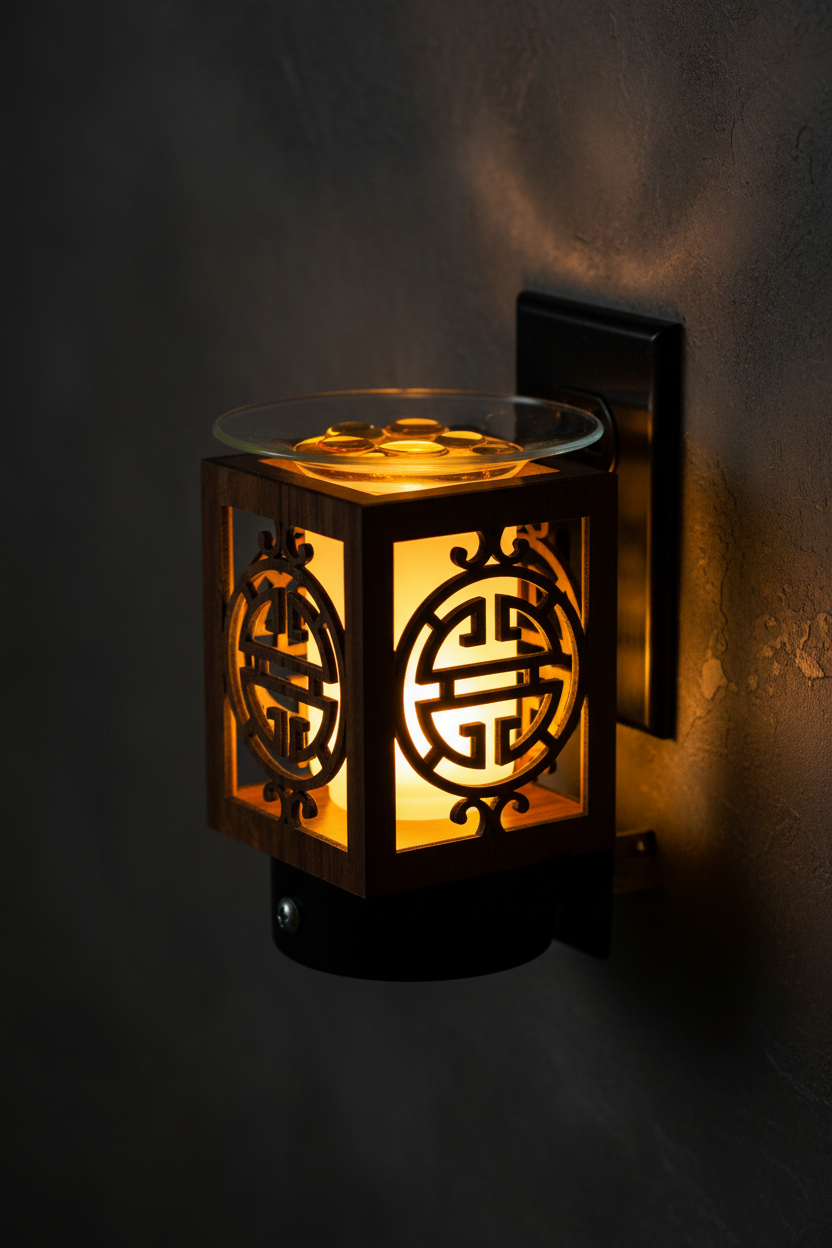 Dramatic close-up of antique round wood wall plug-in oil warmer glowing through Chinese longevity medallion cutout