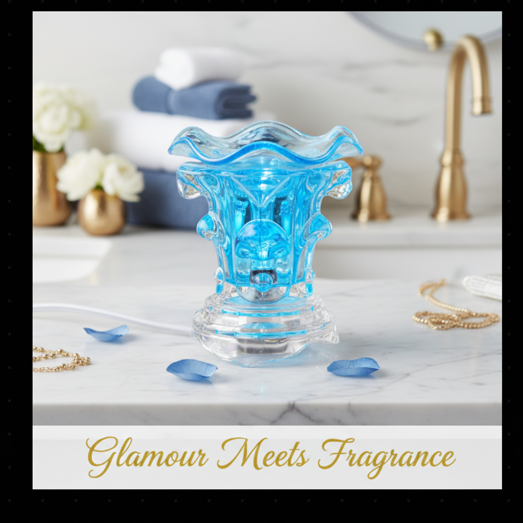 Blue Crystal Warmer in luxury spa bathroom scene