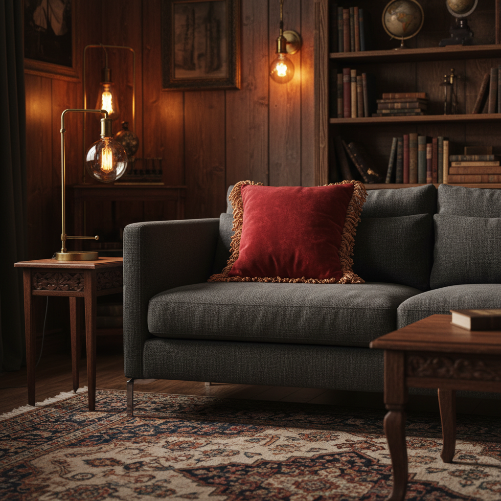 Retro red velvet tassel pillow on charcoal sofa in moody eclectic living room