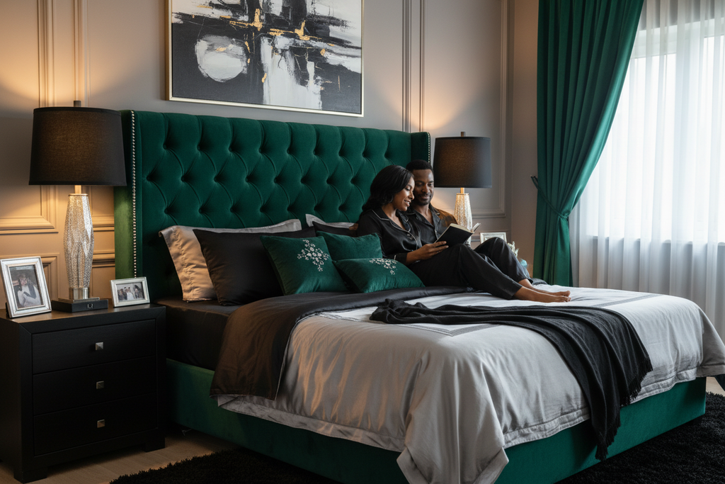 Table lamps in black silver and green bedroom scene with couple