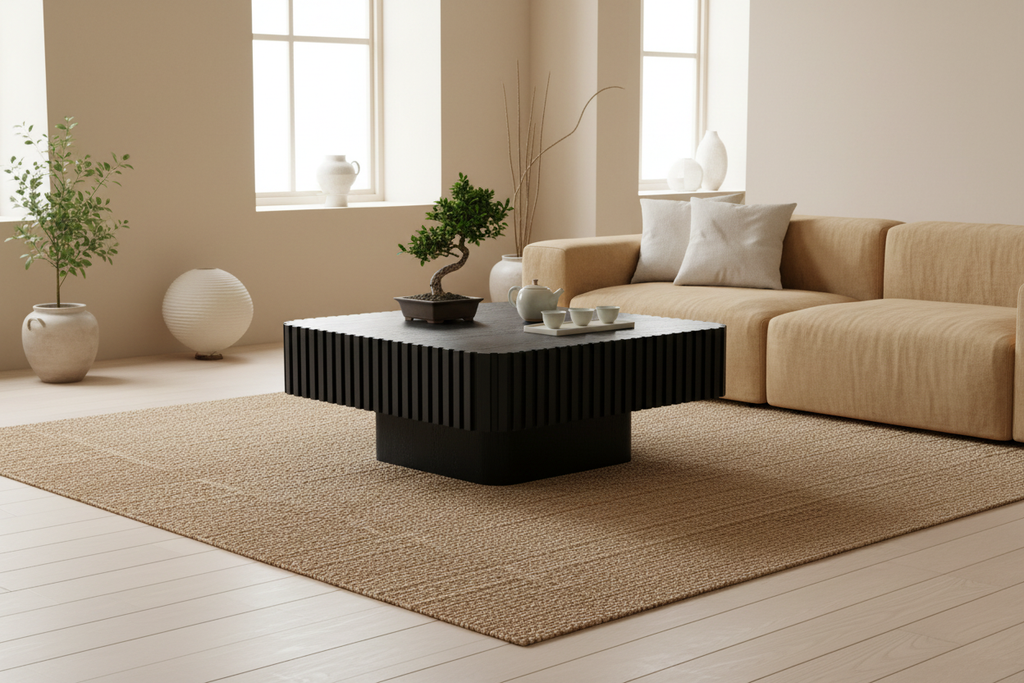 Black square coffee table styled in a minimalist Japandi living room