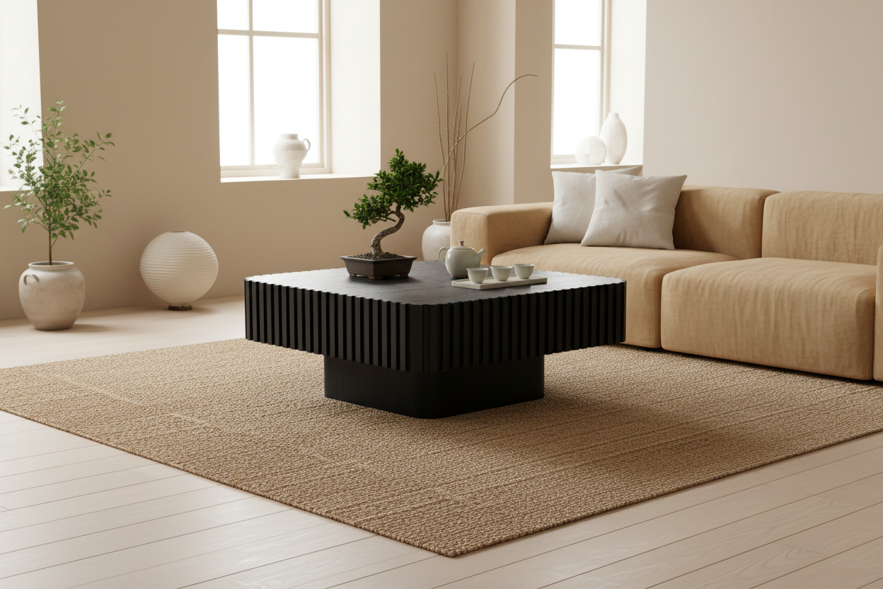 Black square coffee table styled in a minimalist Japandi living room