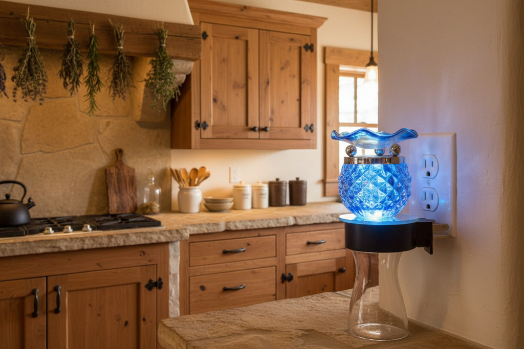 Blue pineapple wall plug-in oil warmer plugged into kitchen wall outlet glowing blue
