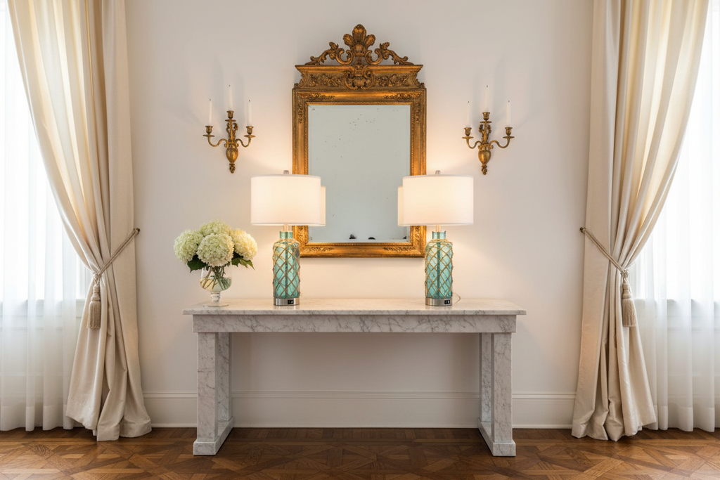 Coastal Nautical Table Lamps in French Country Living Room