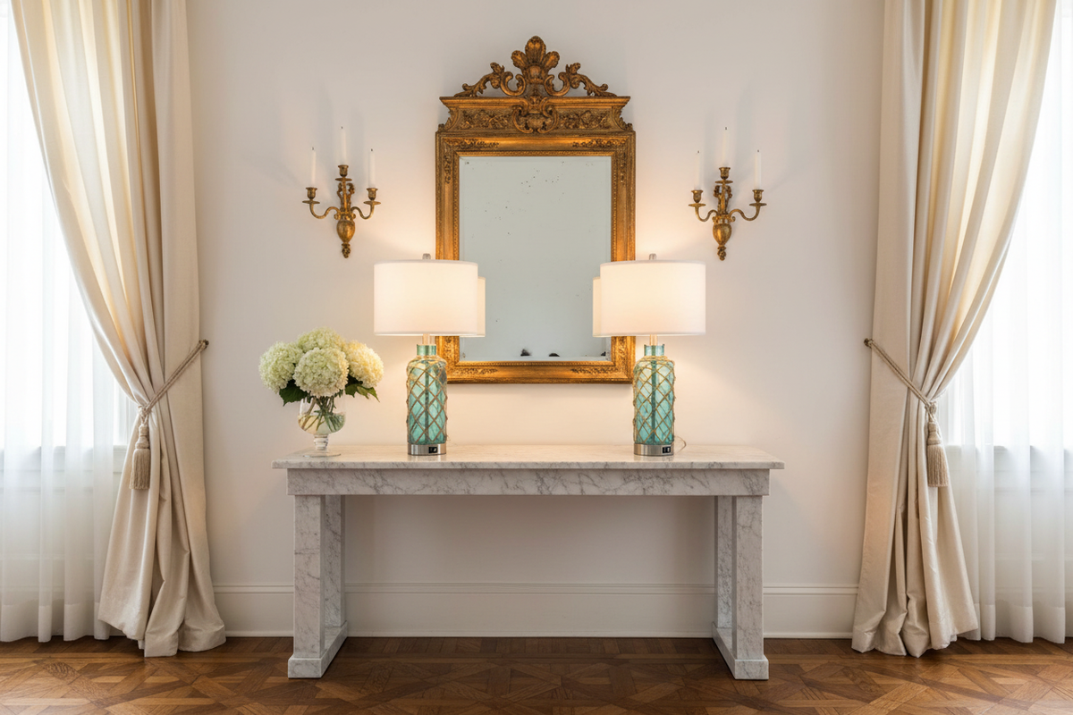Coastal Nautical Table Lamps in French Country Living Room