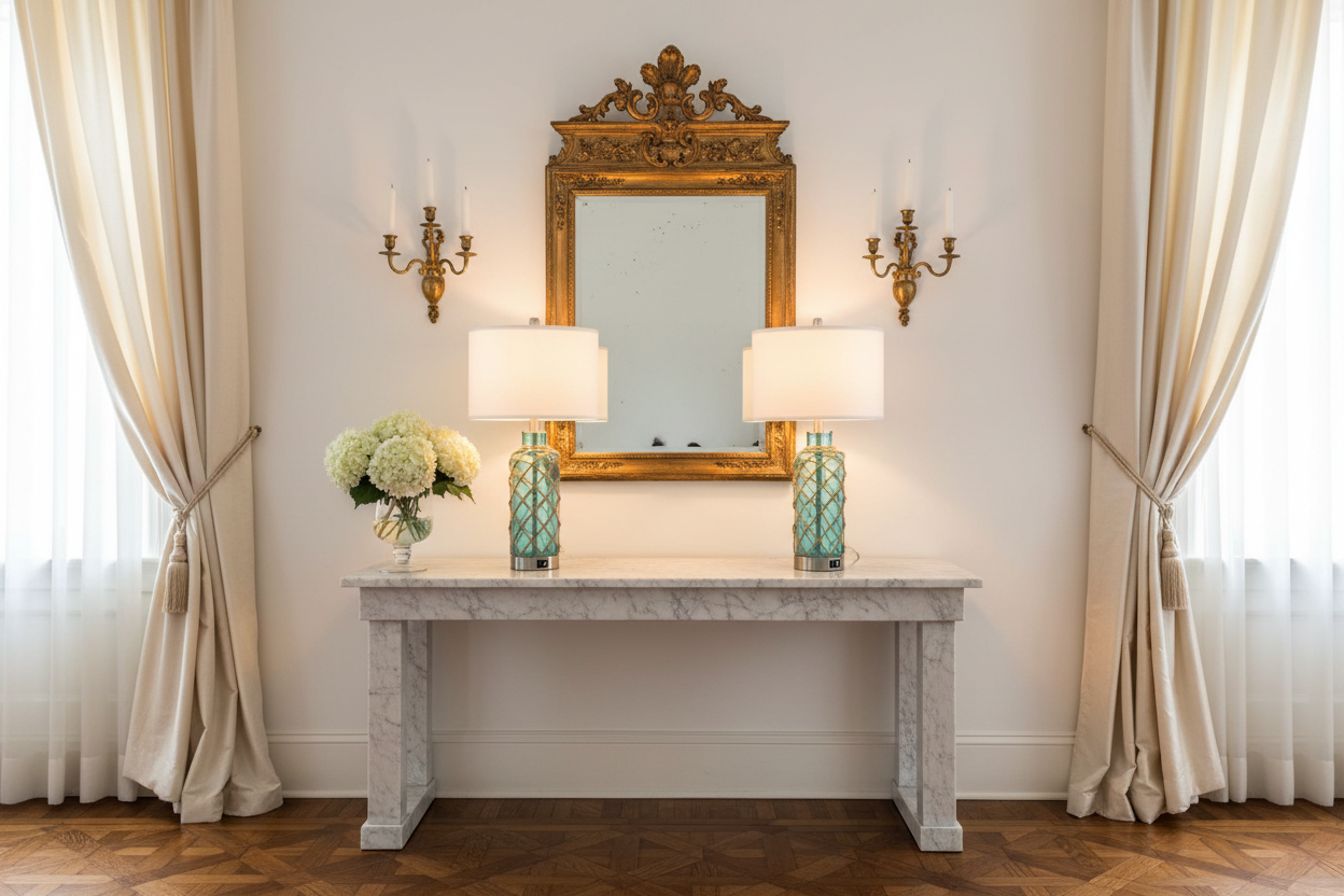 Coastal Nautical Table Lamps in French Country Living Room