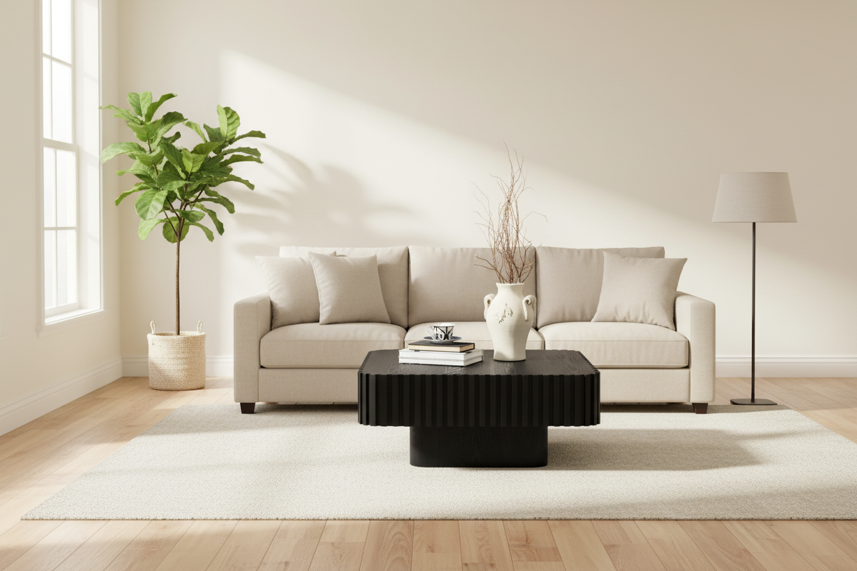 Black square coffee table styled in a bright modern living room