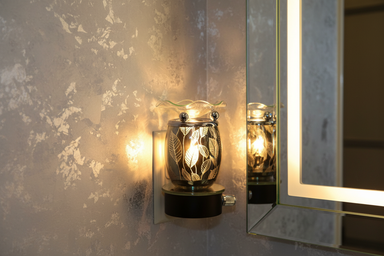 Silver leaf wall plug-in oil burner beside bathroom mirror glowing bright warm golden light