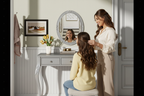 Hispanic mom and daughter at grey vanity