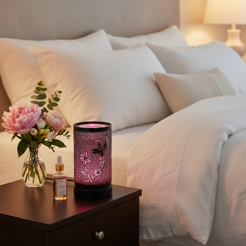 Hummingbird LED Warmer on bedroom nightstand