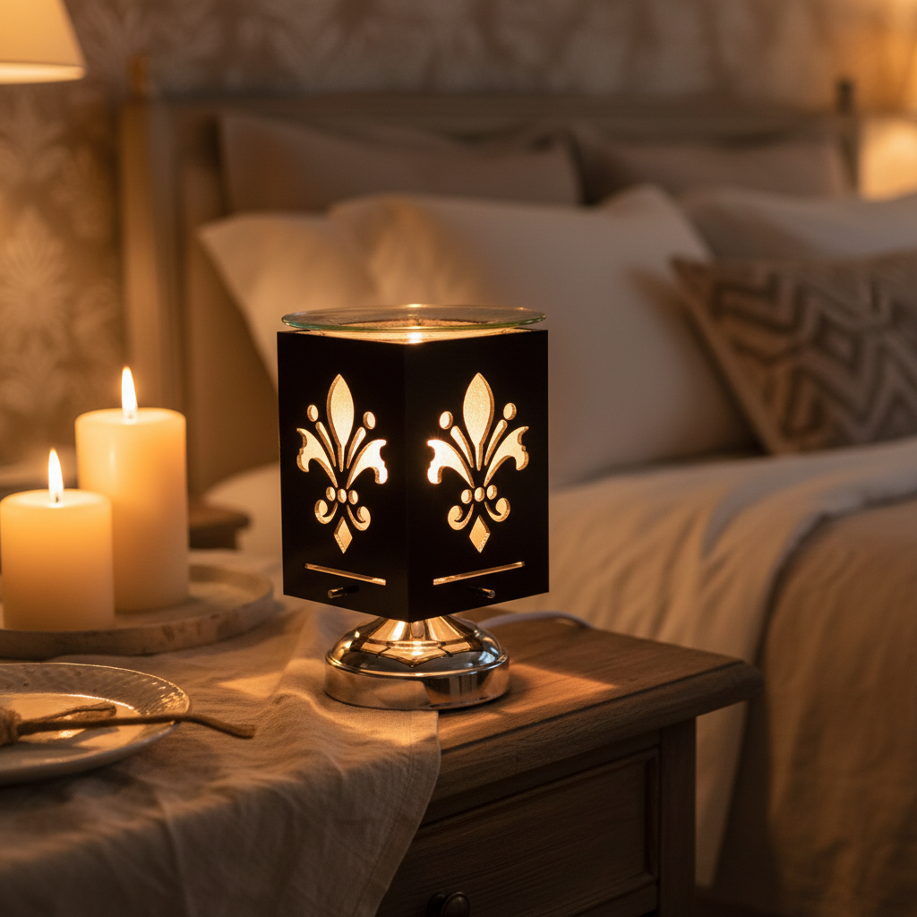 Fleur De Lis warmer on cozy bedroom nightstand