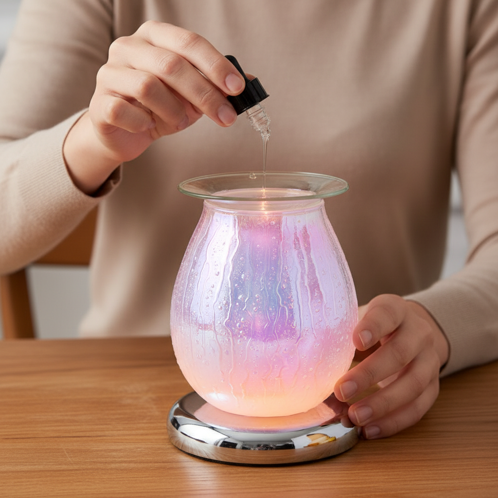 Person pouring fragrance oil into White Drizzles lamp