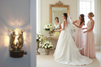 Silver leaf wall plug-in oil burner in bridal dressing room with bride and bridesmaids