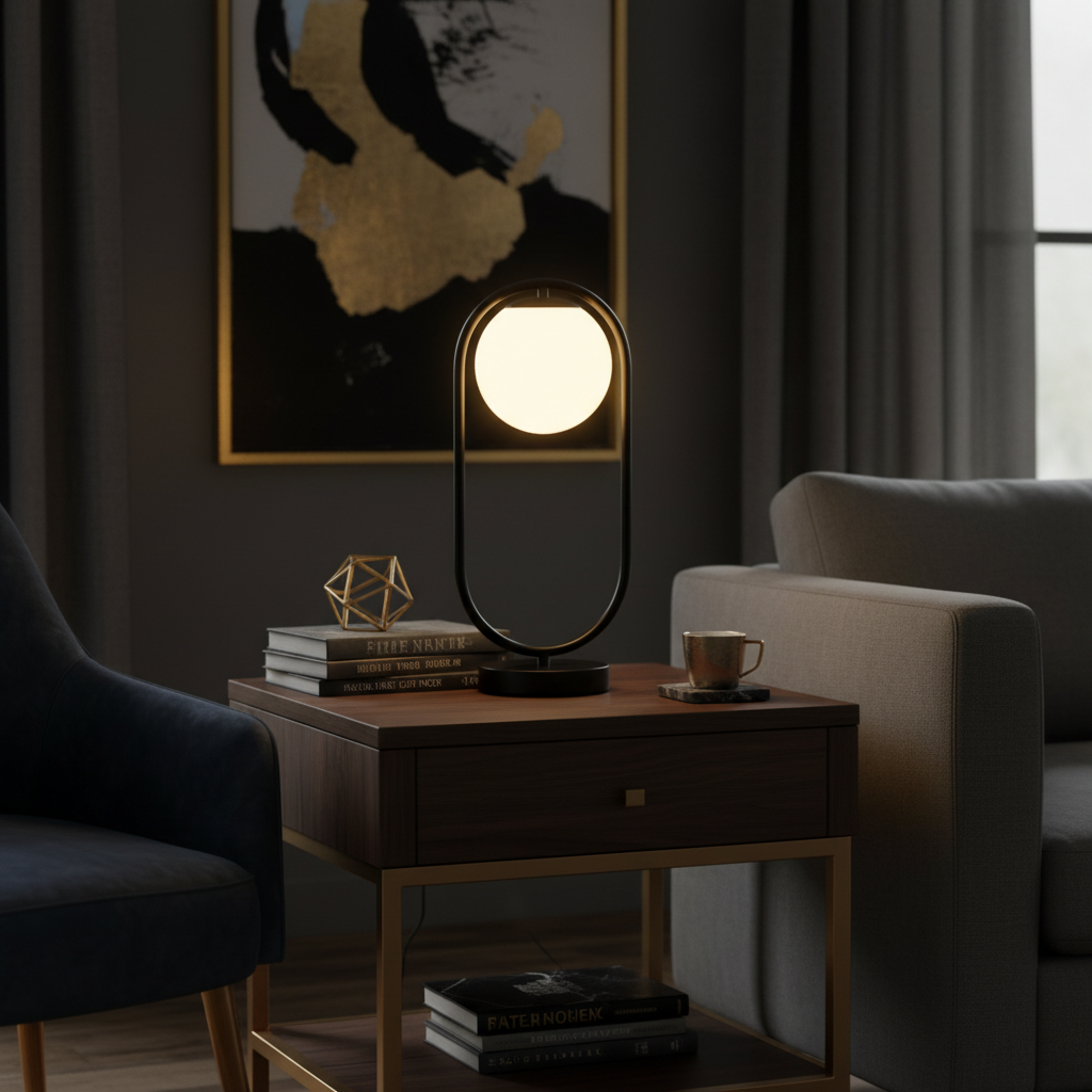 Black oval frame lamp on living room side table