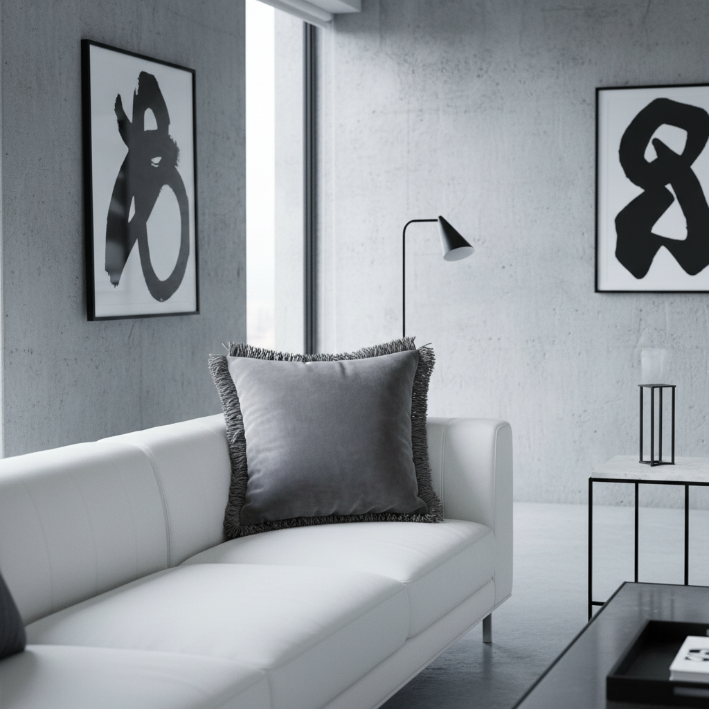 Space gray velvet tassel pillow on white sofa in minimalist concrete living room