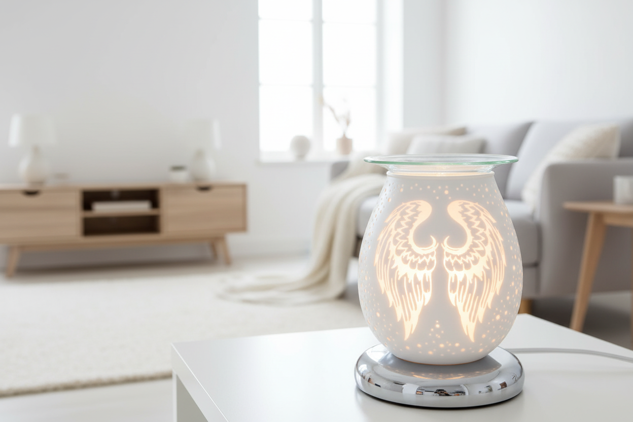 Scandinavian living room with White Angel Wings oil burner in foreground