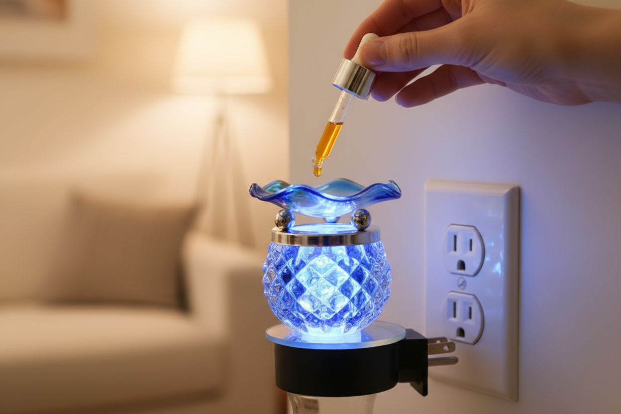 Woman pouring fragrance oil into blue pineapple wall plug-in warmer in wall outlet