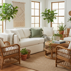 Green velvet tassel pillow on cream sofa in bohemian living room with plants