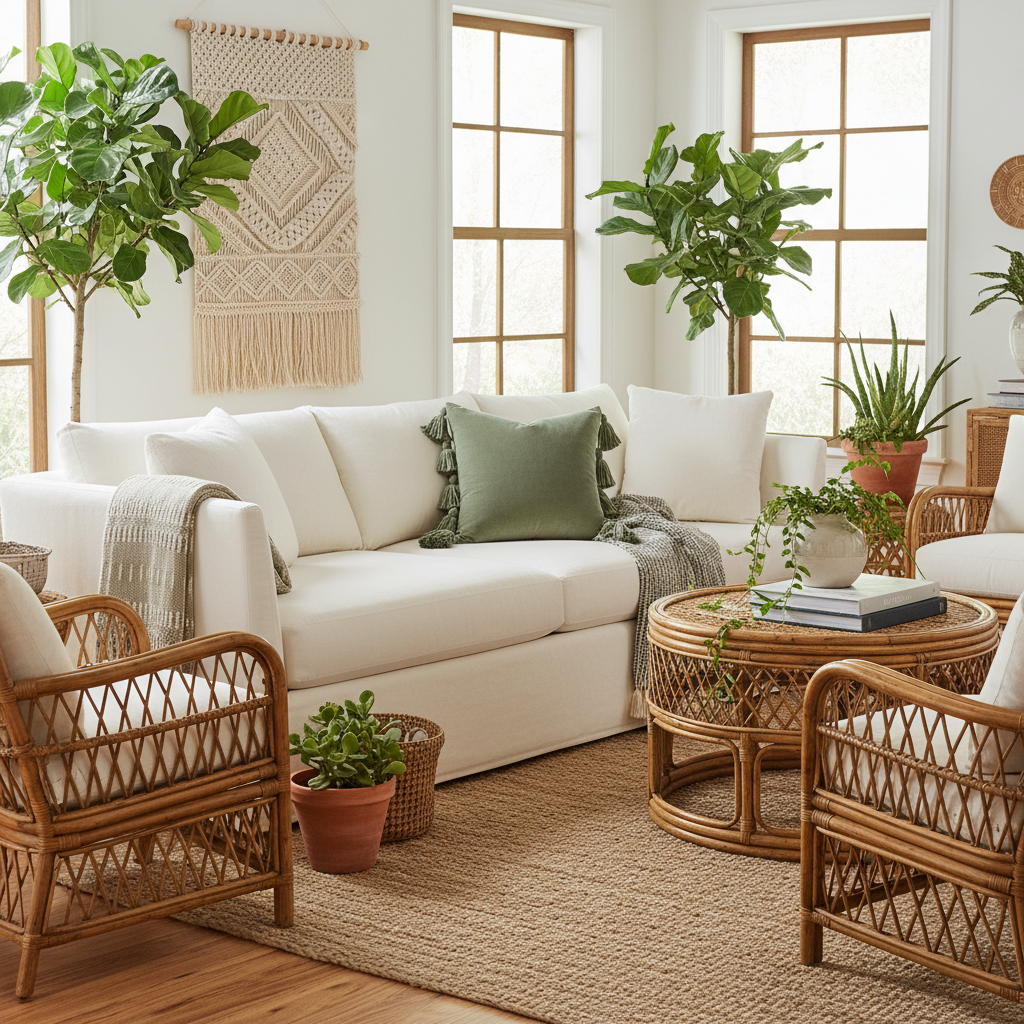 Green velvet tassel pillow on cream sofa in bohemian living room with plants