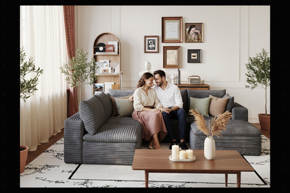 Couple relaxing on dark charcoal ribbed corduroy sectional sofa in a calm, sophisticated living room