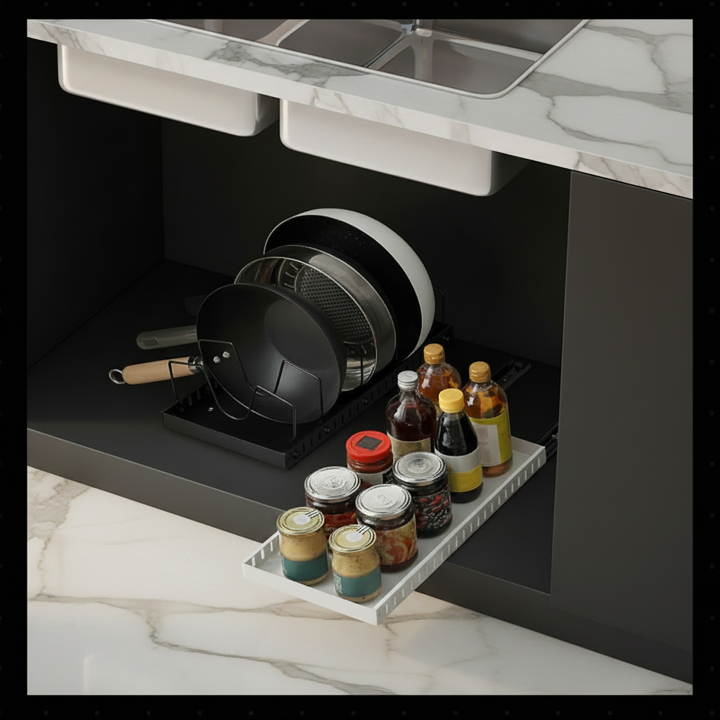 Kitchen organizer with black cabinet and marble surfaces