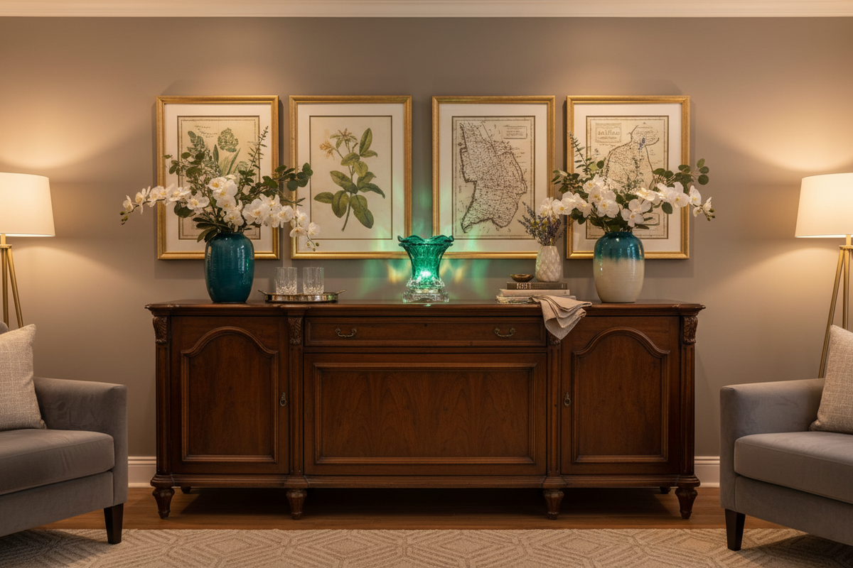Living room buffet teal green warmer