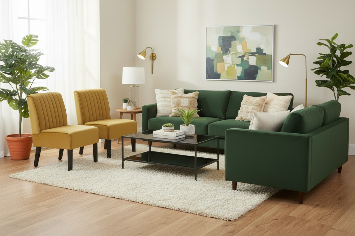 Living Room Scene – Fluffy Rug & Black Glass Tables