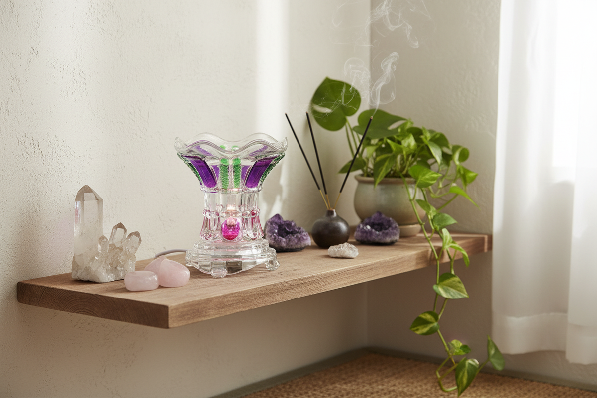 Meditation corner purple green pink warmer