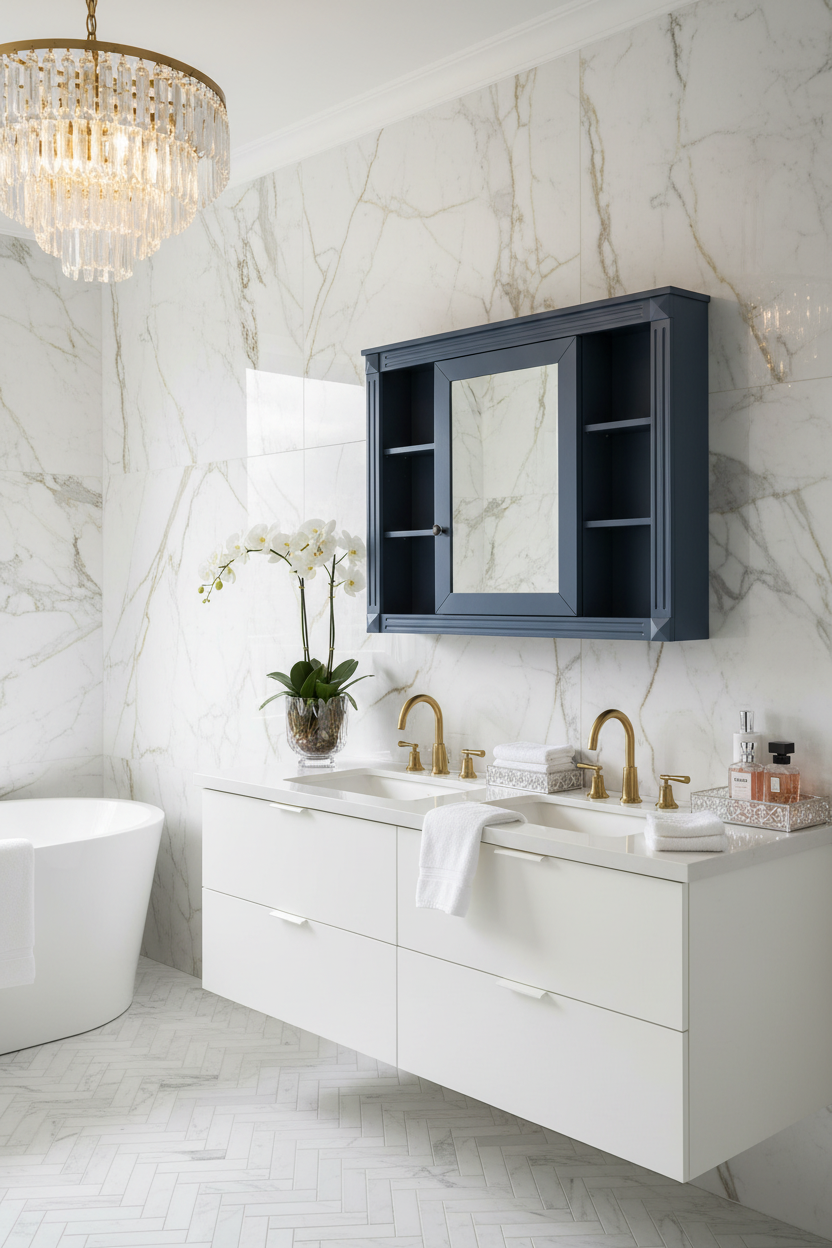 Navy Mirror Cabinet – Marble Luxury Scene
