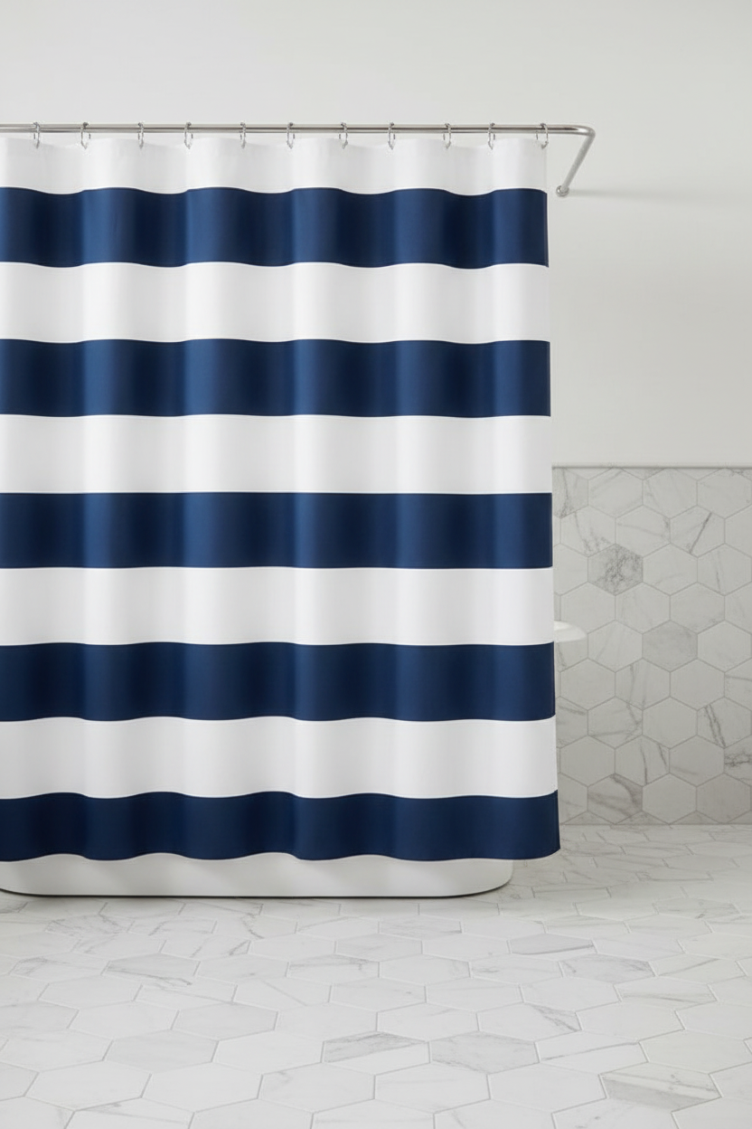 Navy Stripe Curtain – Designer Tile Background