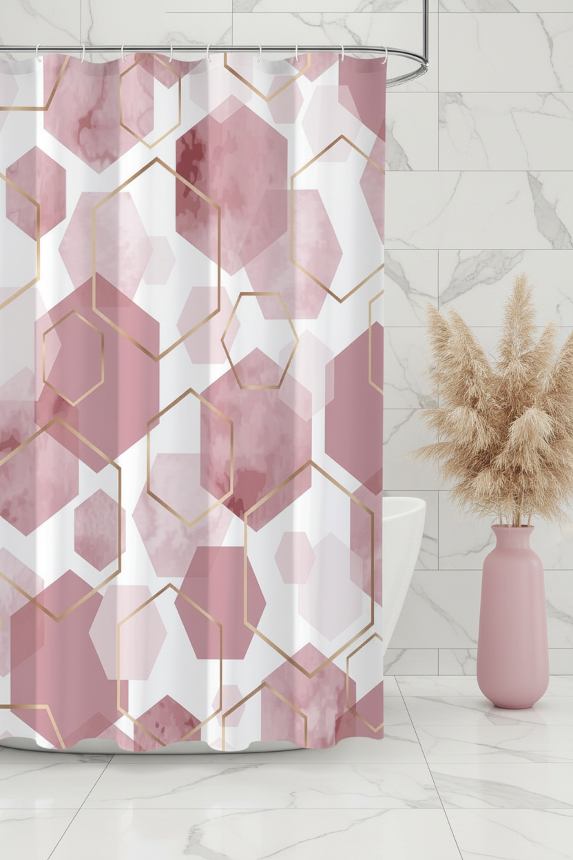 Pink Geometric Curtain – Marble Tile & Pink Vase
