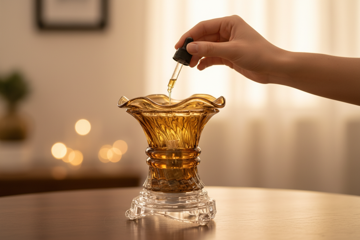 Pouring fragrance oil into lamp