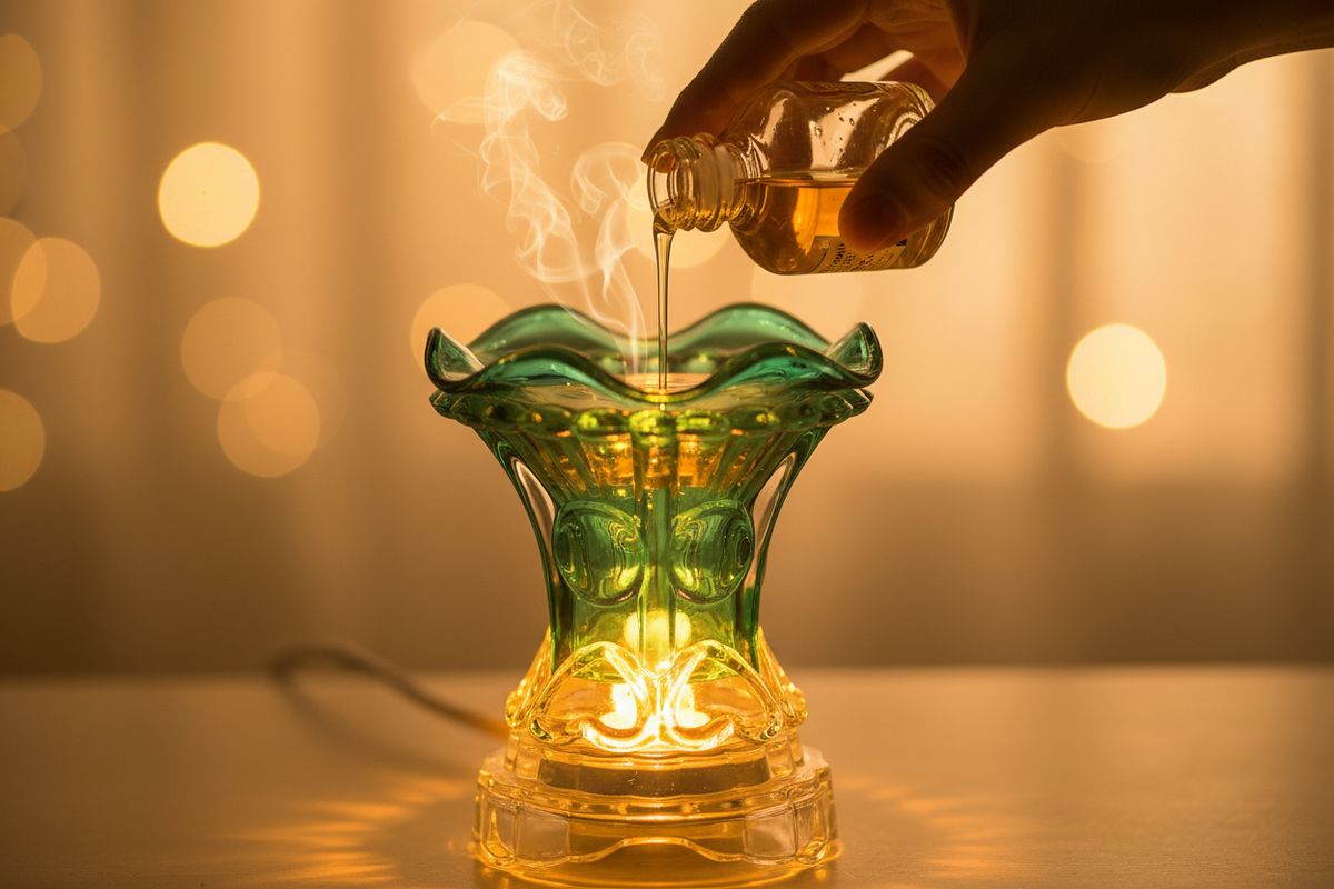 Pouring oil into teal green warmer