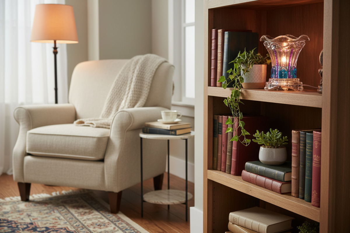Reading nook bookshelf purple teal warmer