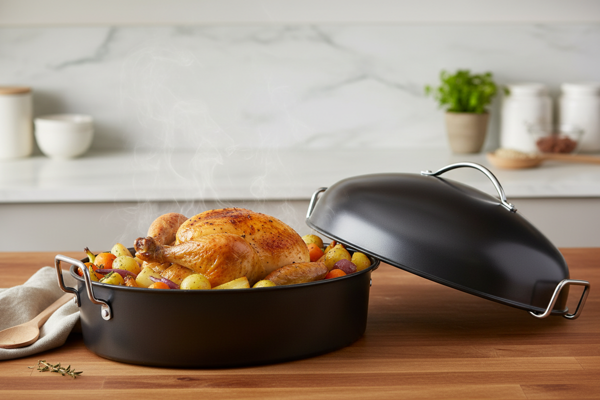 Roaster Pan on Counter with Meal