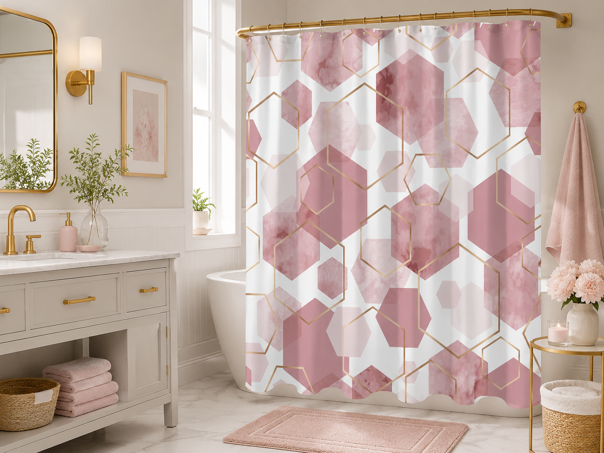 Abstract Pink Geometric Shower Curtain – 72"W × 72"H Polyester