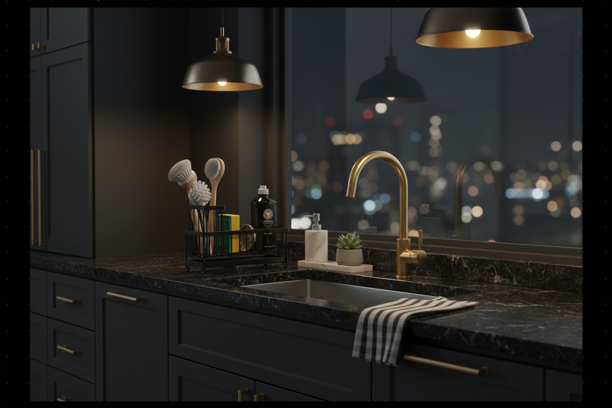 Sink Caddy – Luxury Dark Kitchen Scene