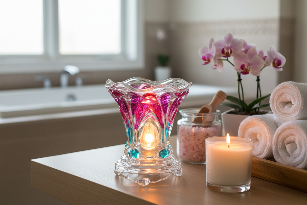 Spa bathroom pink teal warmer