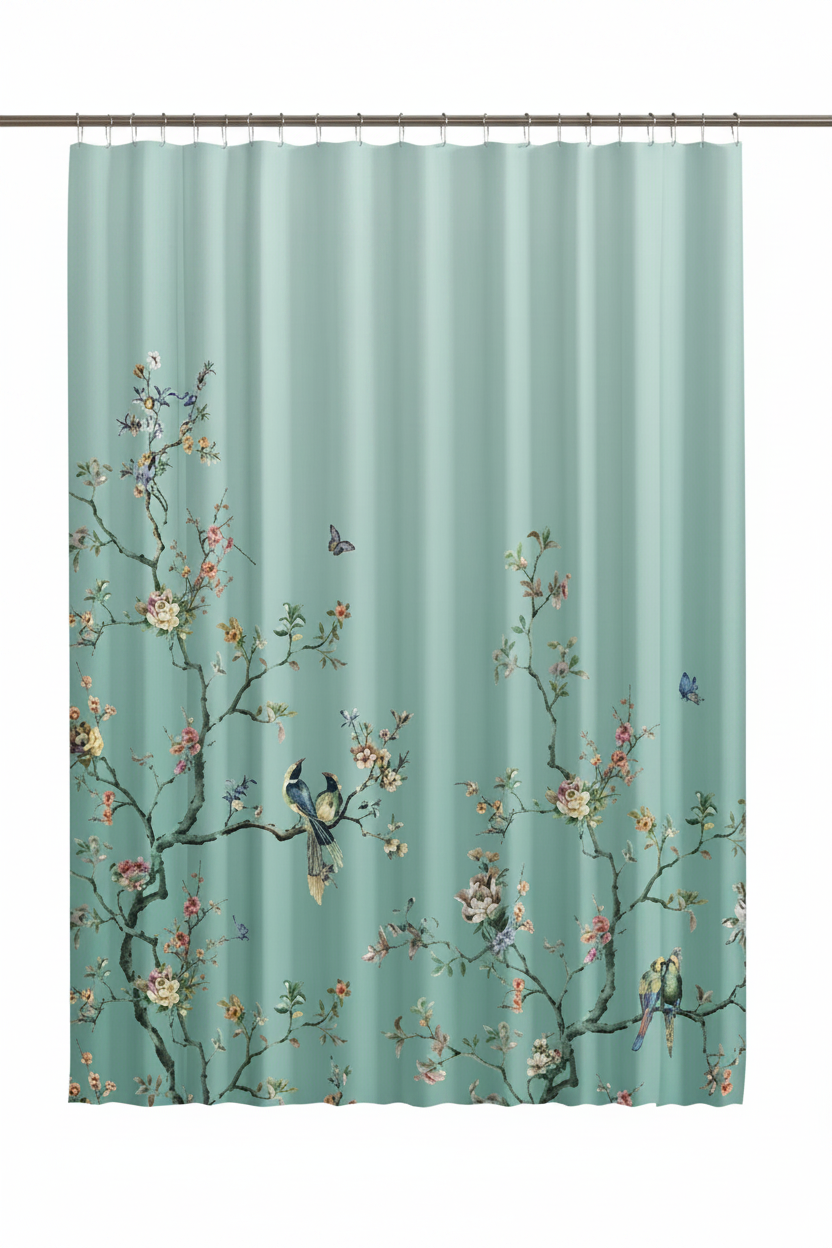 Teal Botanical Curtain – Clean White Wall