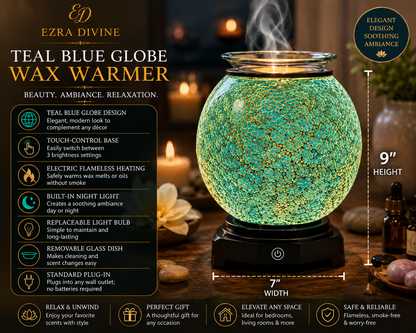 Teal Blue Globe Electric Oil Warmer with 3 Brightness Settings