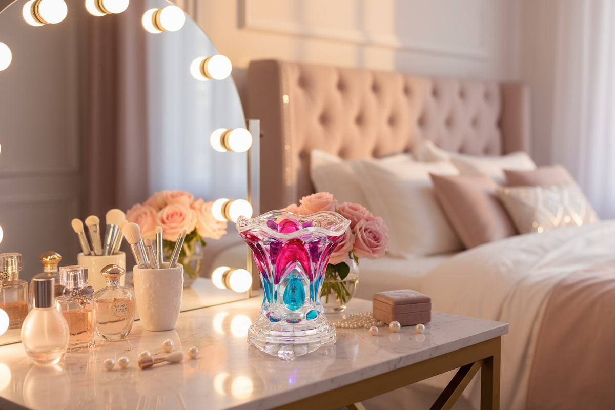 Vanity table pink teal warmer