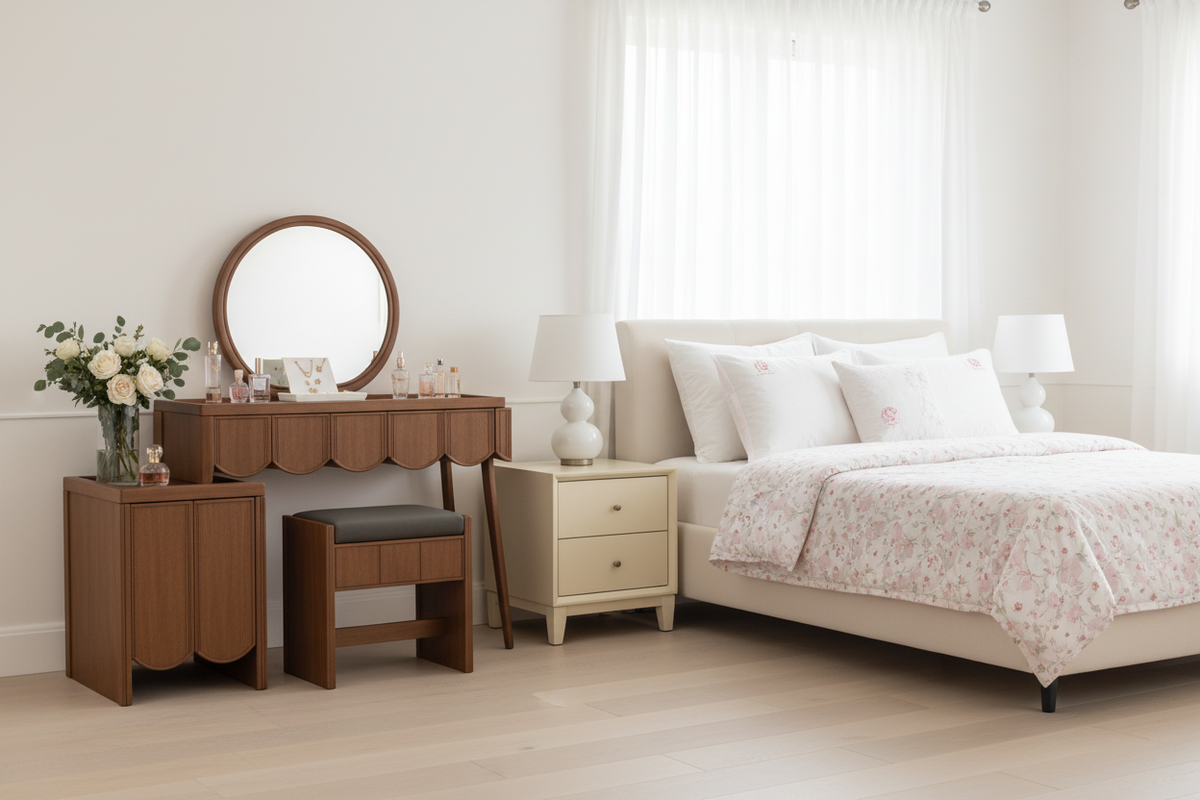 Walnut Vanity - Bright Formal Bedroom with Cream & Pink