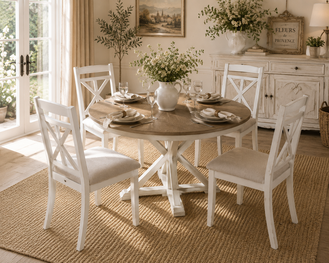 TREXM 5-Piece Retro Functional Dining Table Set – Extendable Round Table & 4 Upholstered Chairs